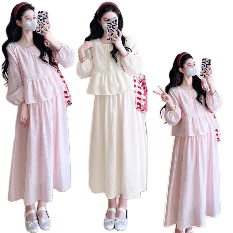 Sét bầu MAMADRESS thiết kế Áo dài tay kèm chân váy chất tơ nhăn mềm mại sang chảnh S23 dài tay- Váy Bầu Đầm Bầu Kem Voi