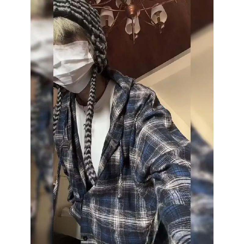 Blue Gray Plaid Hooded Plaid Shirt Korean Vintage Long Sleeve Top Men's Loose Shirt 2