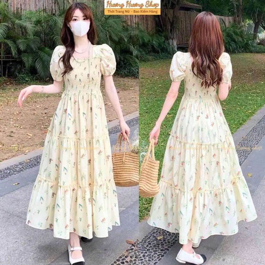 Váy Maxi Hoa Nhí Vàng Bo Chun Dáng Xòe Dài Điệu Đà, Đầm Hoa Dài Tay Bồng Vintage Form Ôm Tôn Dáng Cục Xinh Nữ Dress him entlg