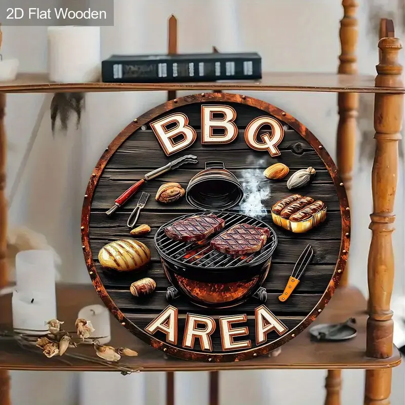 Wooden BBQ Theme Round Hanging Sign, 1 Count Creative Grill Area Hanging Ornament, Wall Decor for Home Garden Balcony Party 2