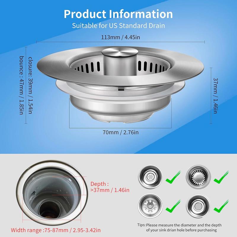 3 in 1 Kitchen Sink Drain Strainer, Stainless Steel Sink Stopper, Anti-clogging Sink Food Catcher Basket, Fast Drainage Odor Filter Sink Plug for US Standard 3 1/2 Inch Drain, Drain Cover 3