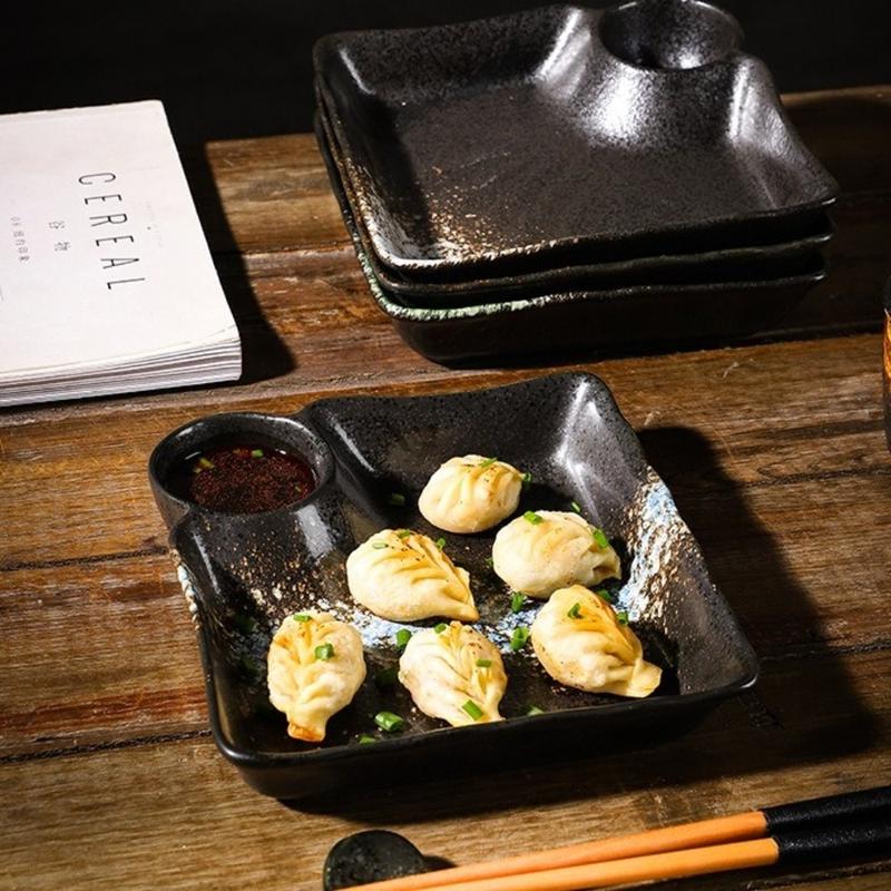 Product Introduction of Convenient Retro Dumpling Plate Square Japanese-style Divided Sushi Dish Exquisite with Dip Sauce Grid Sashimi Dish Breakfast 9