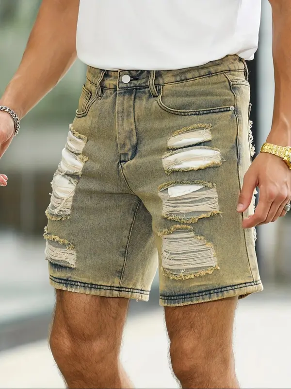 Men's Regular Fit Solid Color Distressed Ripped Denim Shorts, Casual Comfy American Retro Shorts for Summer, Fashion Men's Bottoms for Daily Wear, Cotton 3