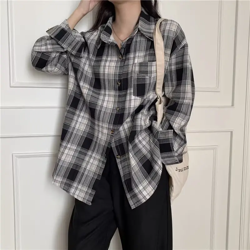 Kemeja Kotak-kotak Biru / Kemeja Wanita Lengan Panjang korean style Atasan Linen Casual Oversize 1
