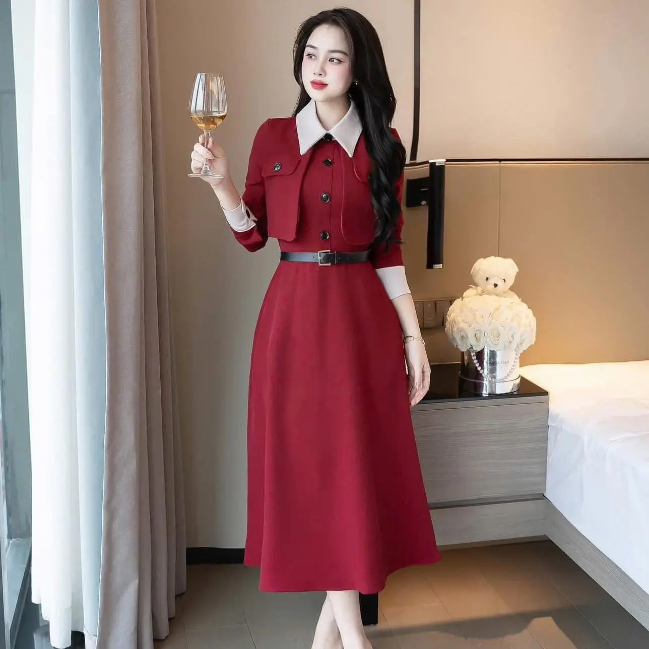 A9 Váy thiết kế tuyết mưa đỏ đô dài tay cổ sen