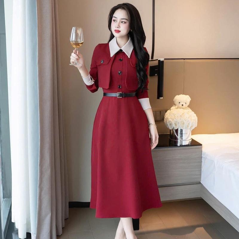 A9 Váy thiết kế tuyết mưa đỏ đô dài tay cổ sen 0