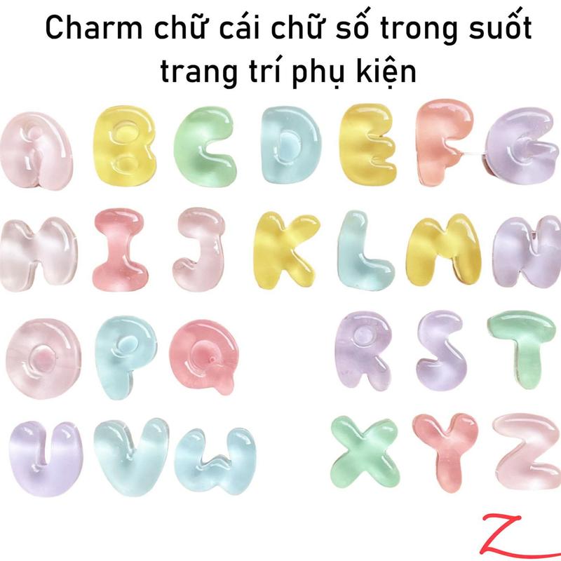Charm chữ cái chữ số trong suốt trang trí phụ kiện kèm keo dán tiện dụng