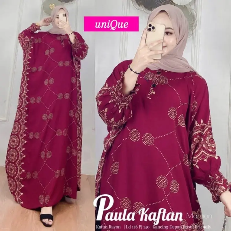 Kaftan Paula I Kaftan Super Jumbo 140cm Daster Lowo Termurah Setrip Polos Bunga Polka Dot Rayon Muslim Cantik Hitam - Katun
