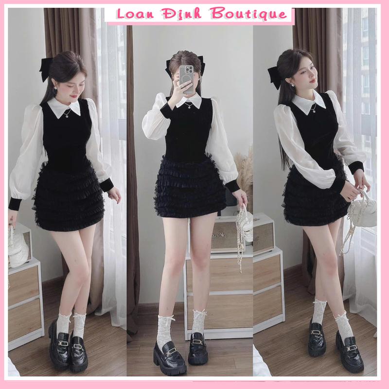 Váy Nhung Phối Tay Chất Tơ Cổ Sơ Mi viền Chân Bèo Ren Hot Trend - Nữ, Women Dress Đen Loan Định Boutique LD063
