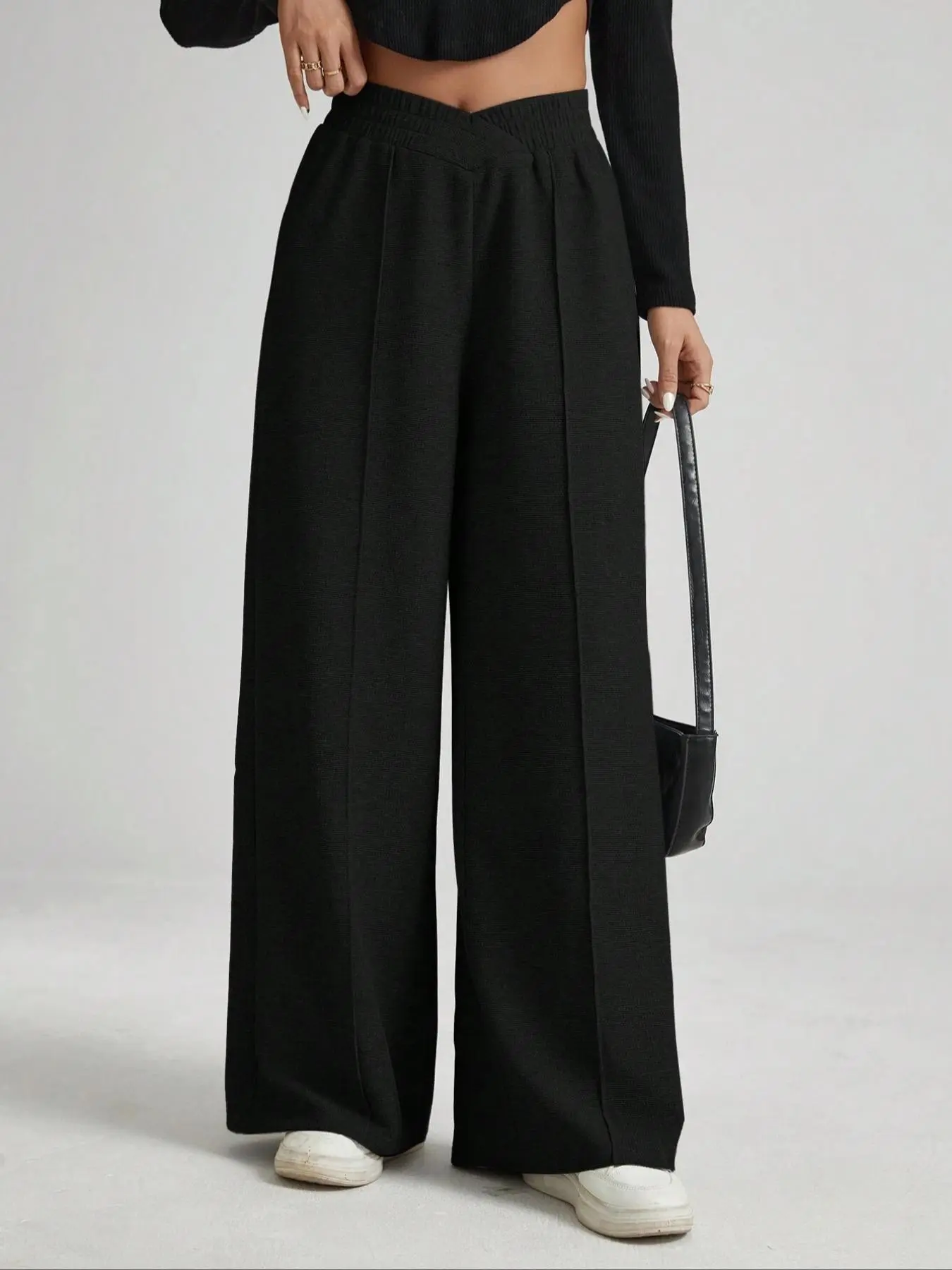 Women's Solid Wrap High Waist  Wide Leg Pants, Elegant Elastic Waist Trousers for Work Office Business, Ladies Bottoms for All Seasons