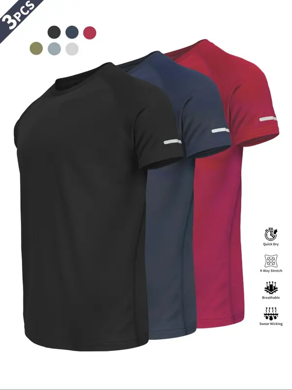 Men's Plain Reflective Design Sports Tee, Breathable Fit Quick Drying Short Sleeve T-shirt, Activewear, Men's Sportswear for Gym Workout Running, Clothing 8