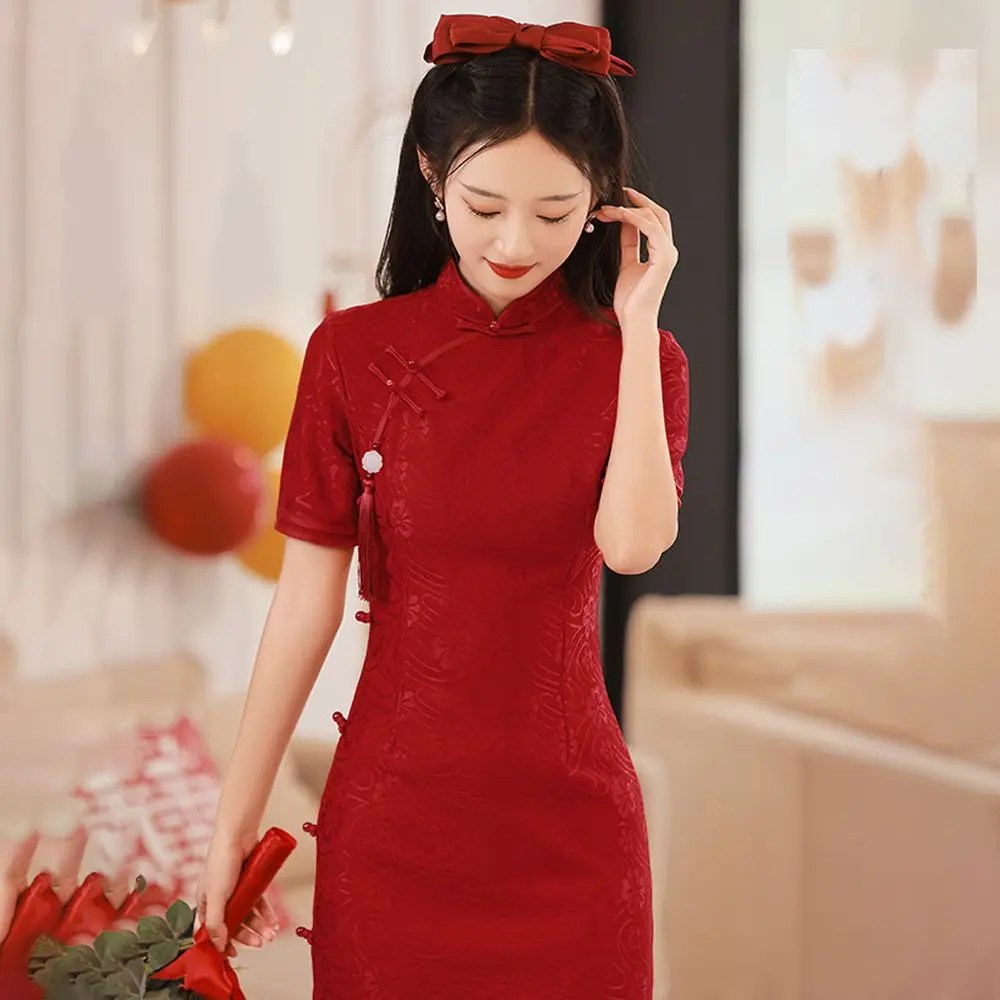 Quần Áo Truyền Thống Sườn Xám, Hàng Mới Về, Cỡ Nhỏ Màu Đỏ Rượu Vang Vang Váy Cao Cấp