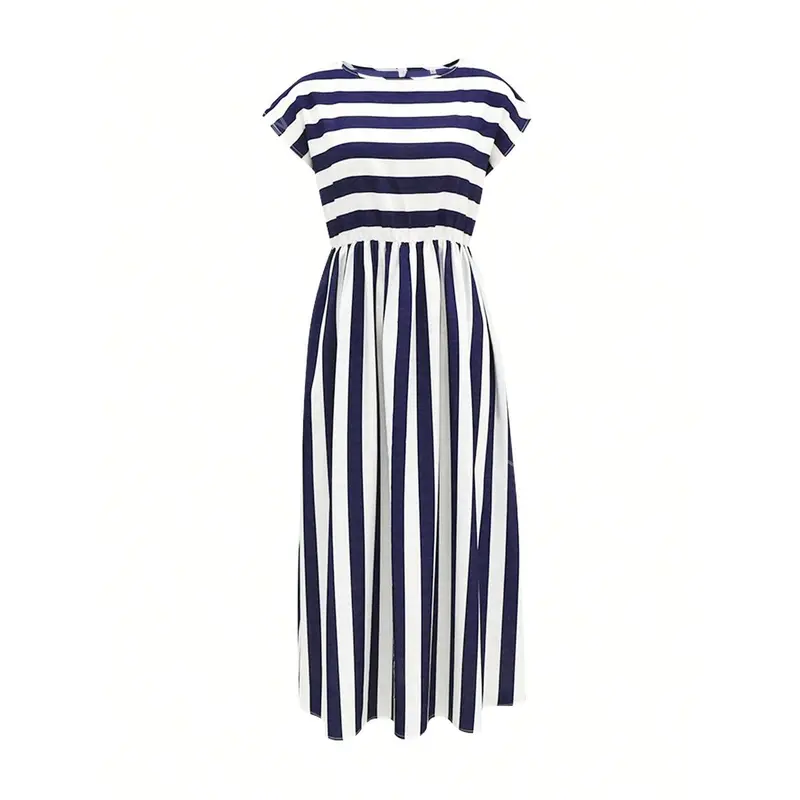 Summer Round Neck Striped Drop Shoulder Sleeve A-Line Midi Dress 3