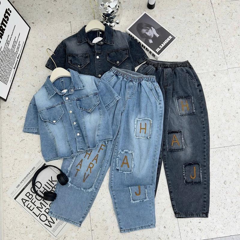 Sét Jeans Áo Cổ Đức Tay Cộc Khuy Bấm , Quần Baggy Dài Thêu Cạp Chun Cho Nữ, Thêu Chữ Khung Bò Giả Chất JEANS Mền  Có Túi Có Cổ GOBY OFFICIAL SBD09 3