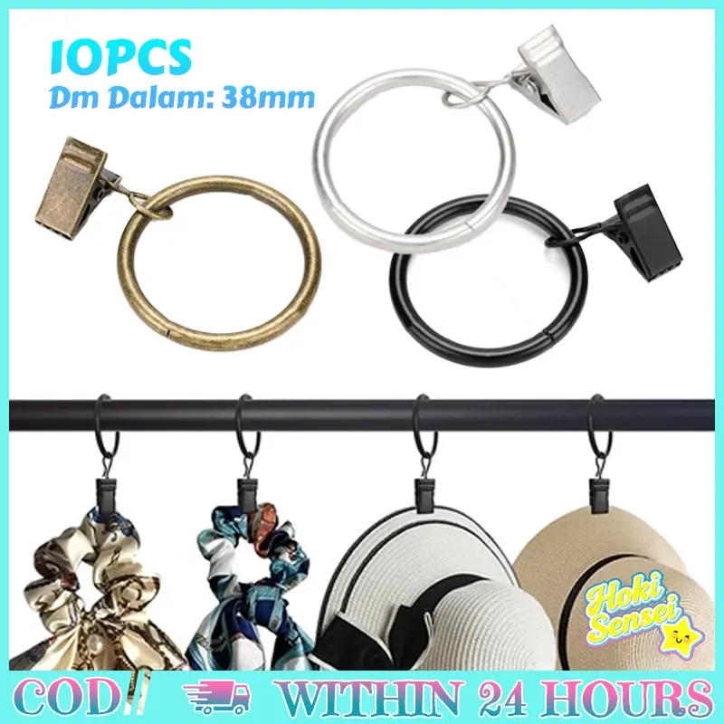 10pcs Ring Gorden 38mm Metal Pengait Gorden Ring Tirai Mandi Dengan Klip Sliding Aksesori Gorden