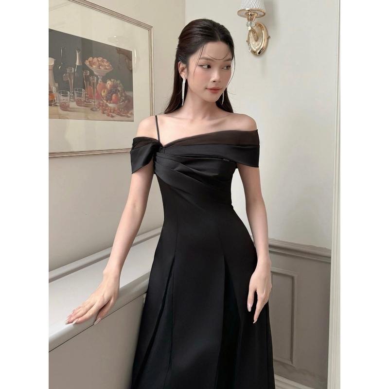   40-80Kg  Đầm Váy Đen Trễ Vai Phối Tơ Ánh Kim Dáng Dài Mặc Đi Tiệc  Có BigSize  UnihomeClothing CQ274 