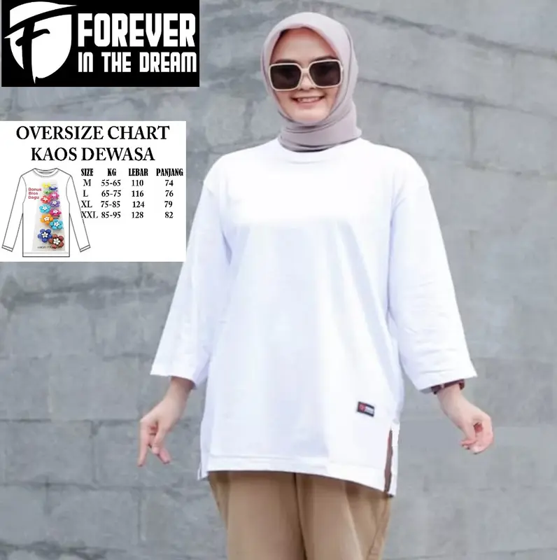 Oversize kaos wanita lengan 7/8 oversized style hijab outfit gemuk Polos combed lembut Baju 1