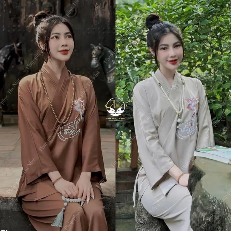 (Vải Mát) Pháp phục thêu sen tay Phật đắp chéo thắt dây (tặng chuỗi vòng tay đá hoặc gỗ) có bigsize 76kg- Pháp phục Tín Như