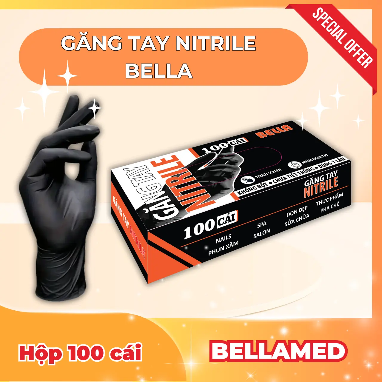 Găng tay nitrile không bột thương hiệu Bella