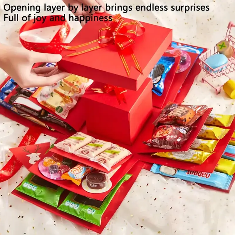 Product Introduction of 5-Story Surprise Explosion Gift Box with Ribbon, Multi-Pocket Snack & Candy Storage, Perfect for Birthdays, Festivals, Holidays 19