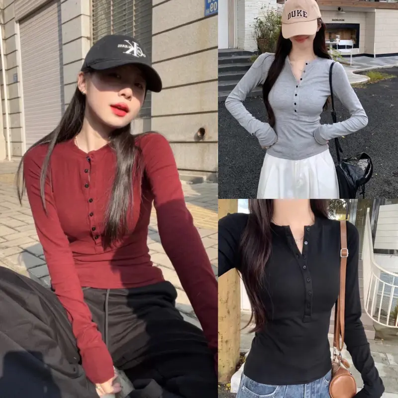 💗FREE SHIP💗Áo thun nữ dài tay cúc mở dáng ôm body đơn giản dành cho mùa thu, Áo thun tăm ôm basic Bun222