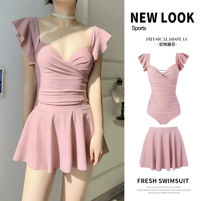 New Swimsuit Women's Siamese Conservative Belly Covering Slim Summer with Steel Ring Skirt High-Grade Vacation Hot Spring