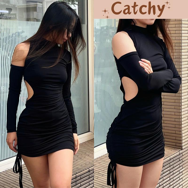  Đầm Body Nữ Cổ Lọ Tay Dài Khoét Eo Rút Dây Nhún Hông Tôn Dáng Quyến Rũ CATCHYstore Váy Ôm Dáng Ngắn Khoét Eo Cá TÍnh 