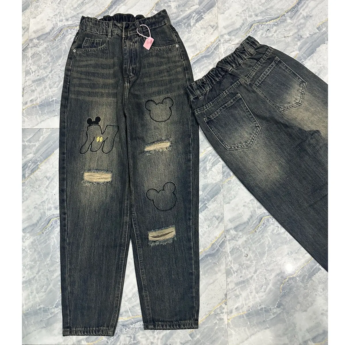 {S-M-L-XL} [01512]Quần Jeans Baggy Lưng Chun Thêu G.au Màu Bụi  Pants