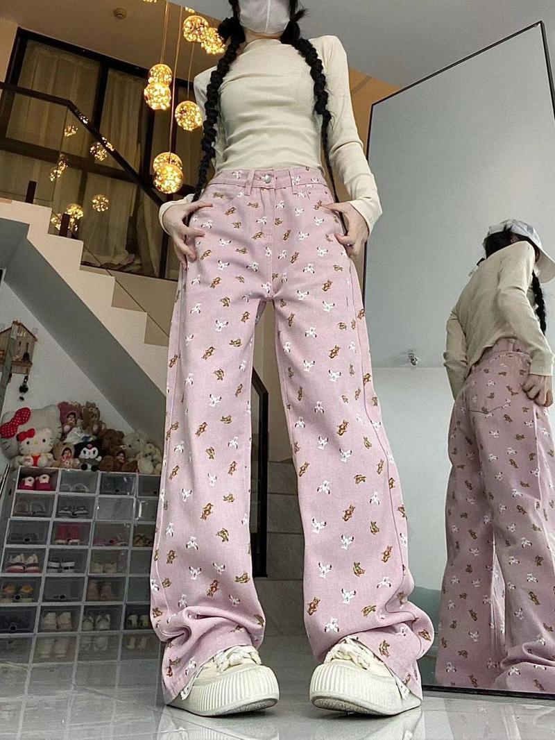 Product Introduction of Quần Jean Ống Đứng, Thiết Kế Màu Hồng, In Hình Gấu, Dành Cho Nữ, Trang Phục Mùa Thu, Cạp Cao Nhỏ Dáng Rộng Rãi Và Bó Sát, Quần Ống Rộng, Thời Trang Women Ong Pants Lưng Cao 4