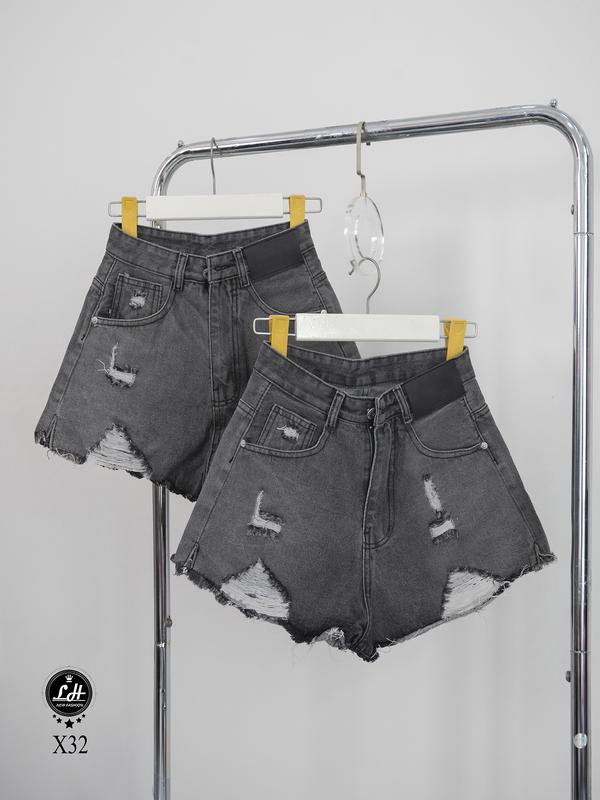 Quần short jean nữ màu xám rách gối trước cả túi sau có tag cá tính Lê Huy Fashion MS X32
