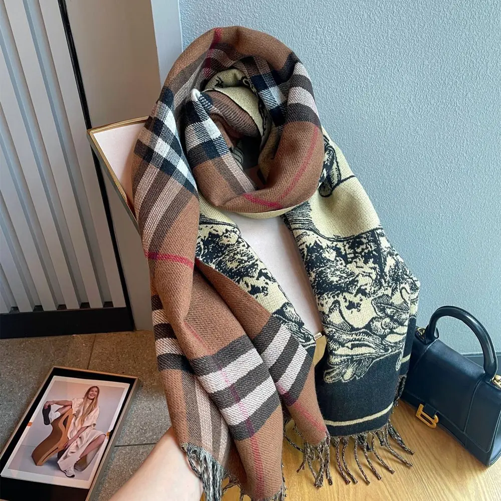Khăn Quàng quàng cổ cashmere nhân tạo, Thiết Kế Kẻ Sọc Ngựa Chiến, Hai Mặt, Dành Cho Nữ, Thời Trang Mới, Có Tua Rua, Dày Dặn, Khăn Choàng Ngoài Ấm Áp