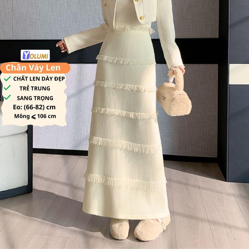  Chân Váy Len Dài Váy Chữ A Lưng Cao Thu Đông Cao Cấp Phối Tua Rua Trẻ Trung Thanh Lịch YOLUMI Nữ Women Kem vay  capchun Thun chân  váy chân  váy chân  váy chanvay  mididangdai chân  váy 