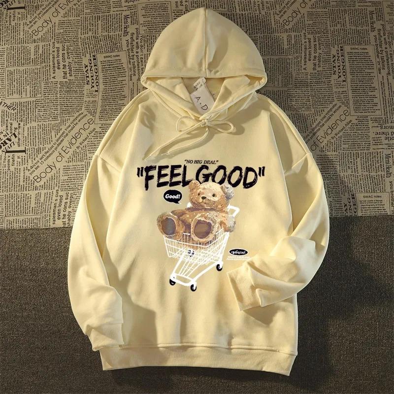 Product Introduction of Hot Sale Women Fashion Autumn Winter Sweatshirt, Milk Yellow Simple Round Neck Cute Bear Printing Loose Oversized Version Pullover Sleeve Womenswear Hoodie Sweaters Tops Lingerie 7