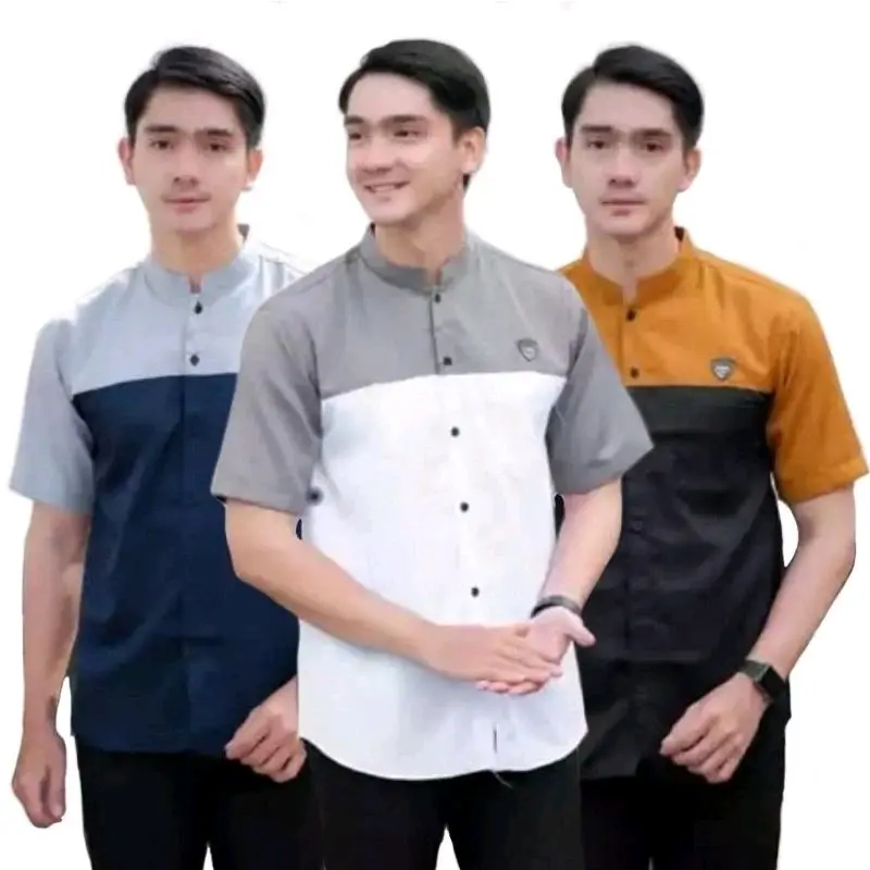 Baju Koko Dewasa Lengan Pendek Katun Setrip Hitam Navy Putih Kombinasi Muslim