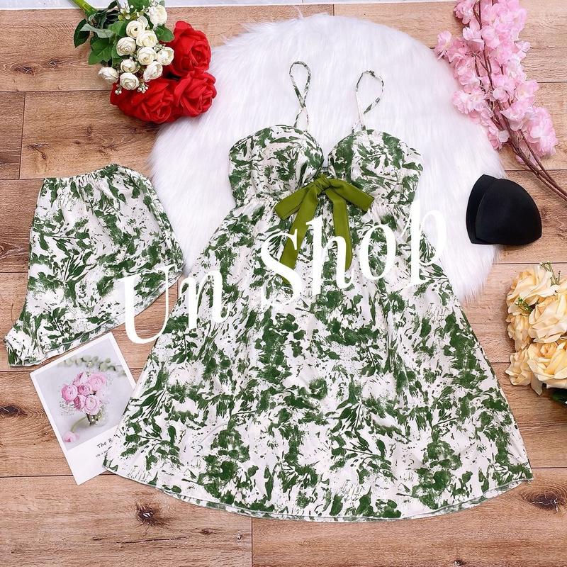 [40kg-75kg] Váy Ngủ Lụa Dệt Chính Phẩm 2 Da Có Mút Ngực Và Quần Đi Kèm Cho Nữ - Dress Women Nhung Kem Voi