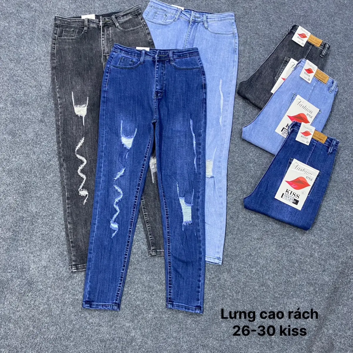 Quần Jean Lưng Cao 1Nút Rách Sợi Co Giãn Đủ Size (38-57kg)