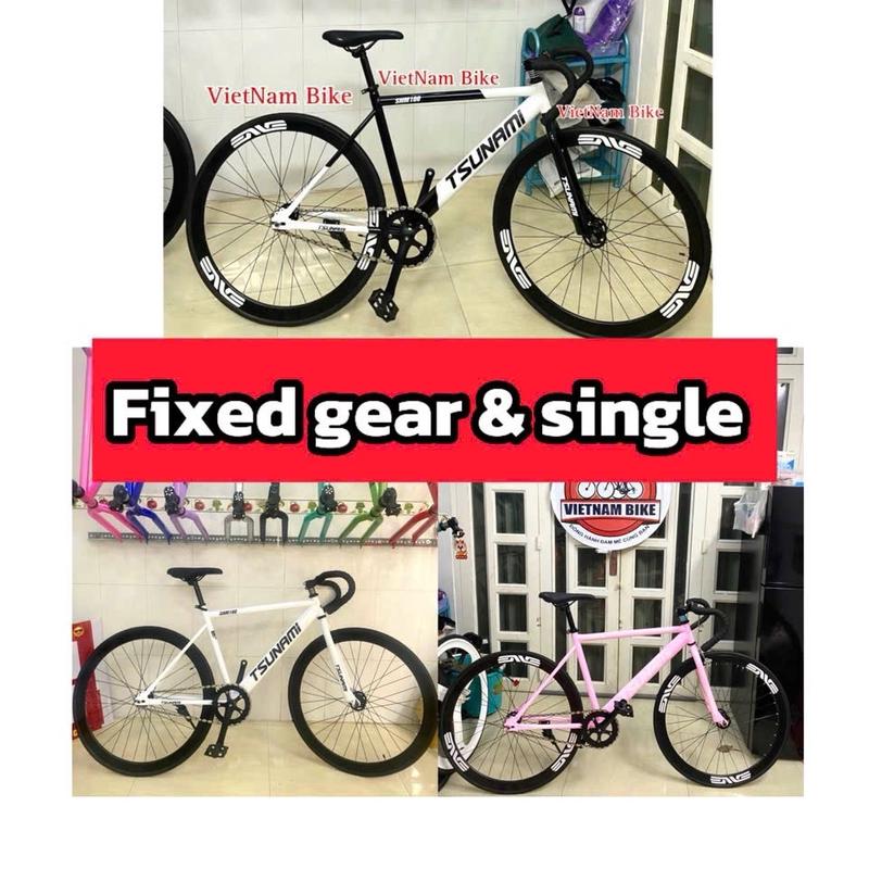 Xe đạp thể thao fixed gear và single Tsunami đen phối trắng  (kèm strap và đồ lắp )