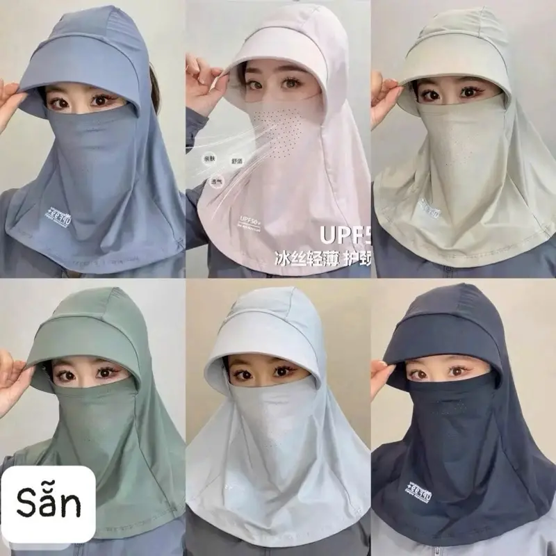 ￼Mũ che nắng kèm khẩu trang may liền mũ khăn choàng, Mũ chui đầu thoáng khí