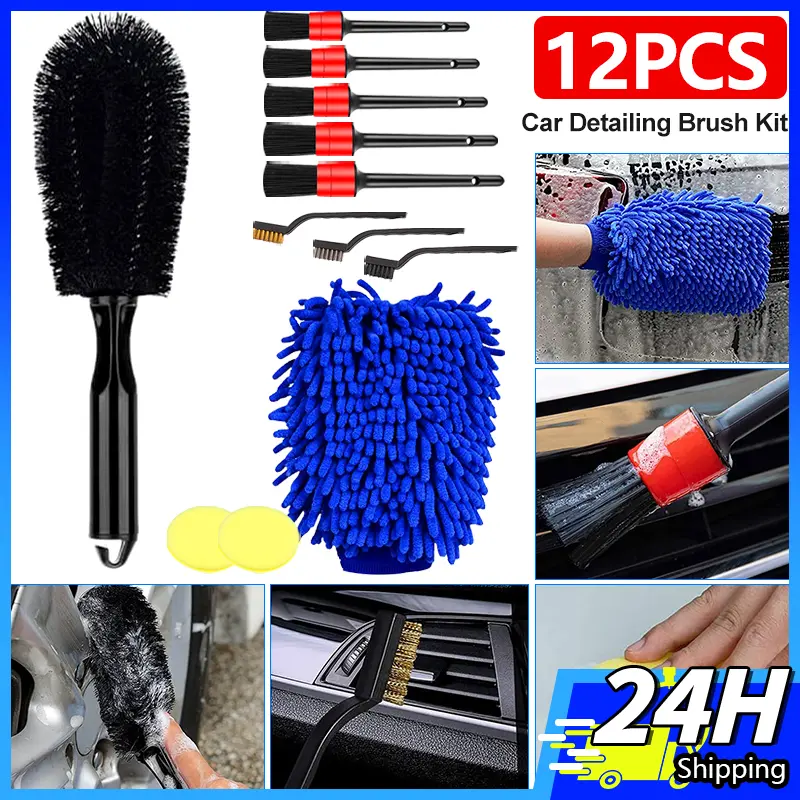 12pcs Car Detailing Brush Kit Wire bristles Wheel Rims Clean Brush Set Sponge Accessories Parts Wash gloves Clean Tool Tire Brush Automotive Glove