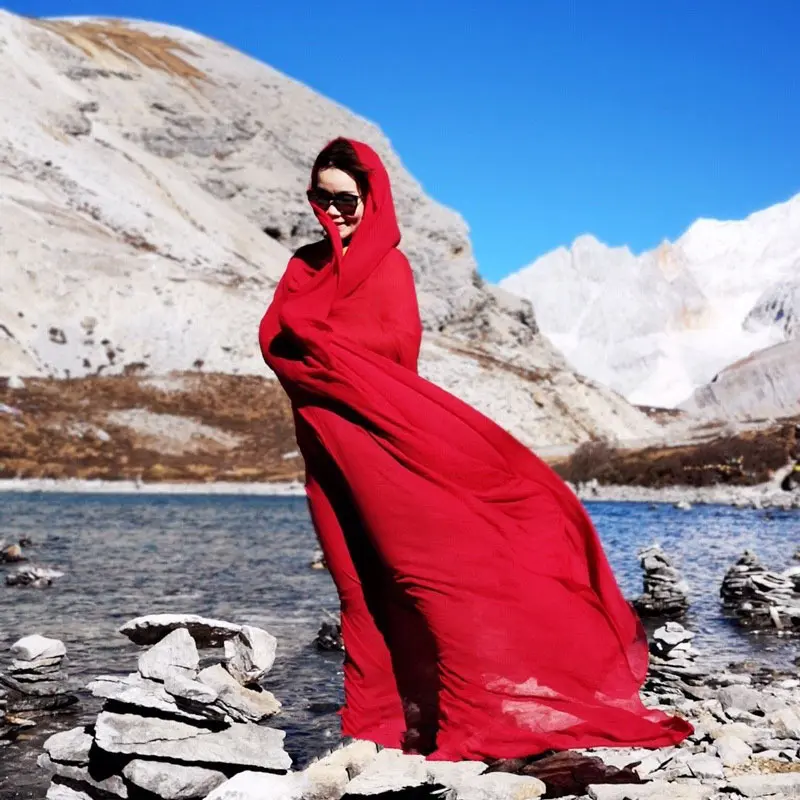 Ethnic Style Summer Yunnan Solid Color Tibet Travel Photography Red Qinghai Lake Shawl Scarf Desert Large Scarf for Women