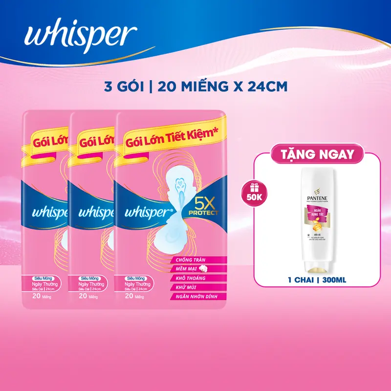 Mua 60 miếng Băng Vệ Sinh Whisper 5X mặt bông mềm mại và chống tràn tuyệt đối 24cm tặng 01 tuýp xả Pantene 3MM 0