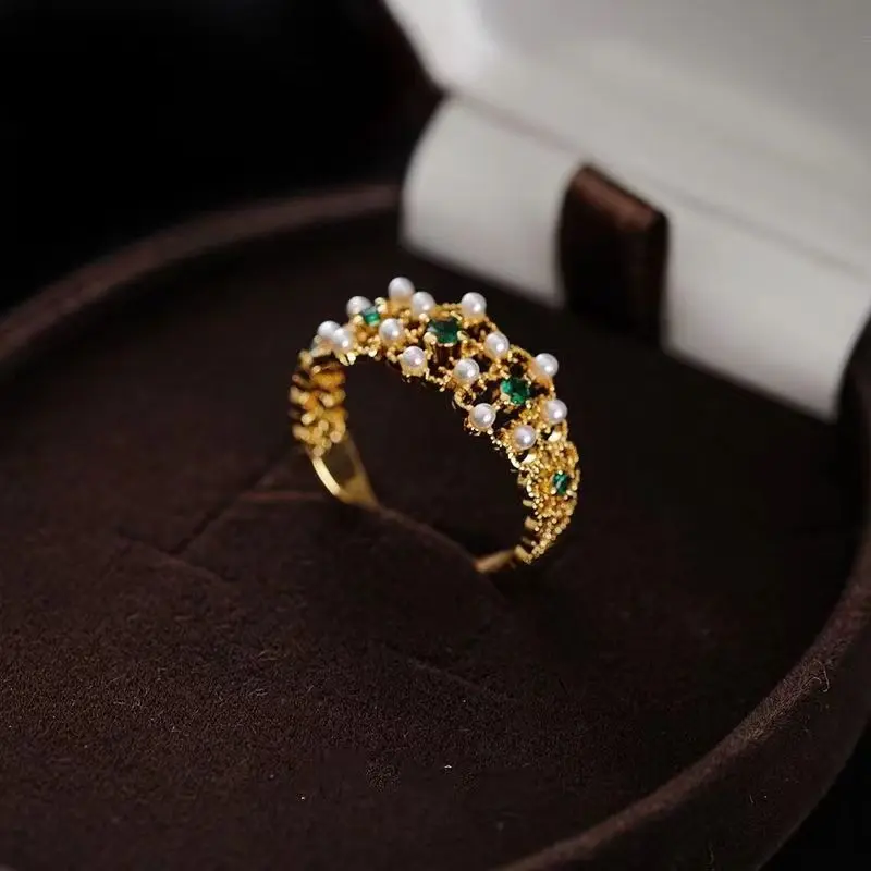 Vintage Carved Lace Emerald Inlaid Shell Pearls Ring Exquisite Refined Grace High-Grade S925 Sterling Silver Fashion All-Matching