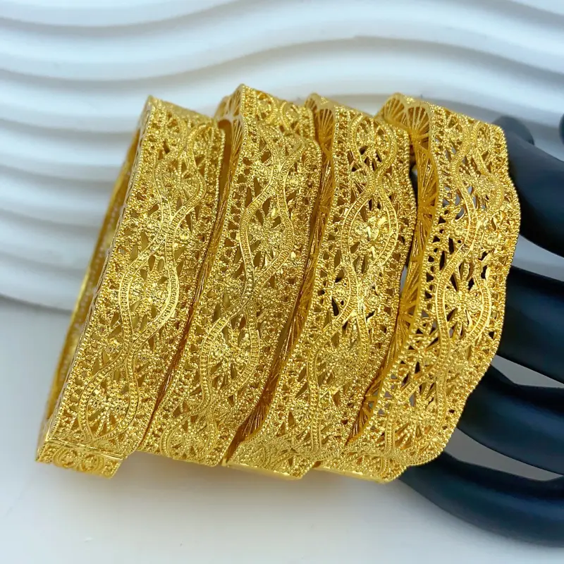 2 Piece 24K Gold Plated Bracelet Middle Eastern Dubai Style Fashion Ladies Wedding Exquisite Trendy Cuff Bangle 6