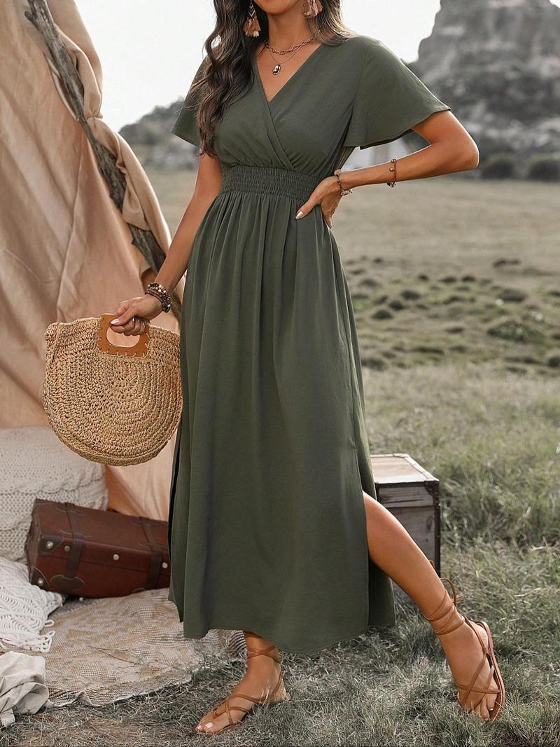 Product Introduction of Women's Plain Split Thigh A Line Dress, Green Dress Lady, Boho Shirred Butterfly Sleeve Long Dress for Beach Holiday Vacation, Ladies Clothes for All Seasons, Summer Dresses 2025 7