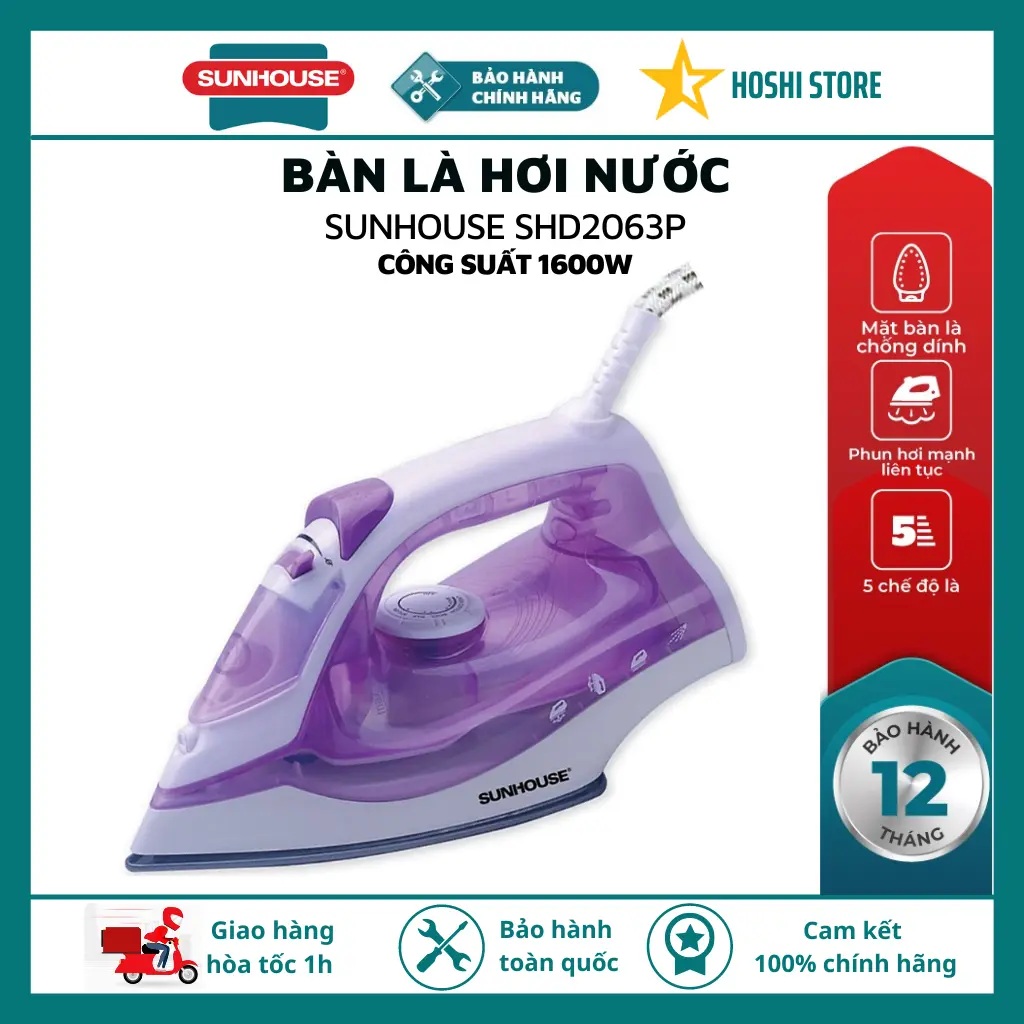 Bàn là hơi nước SUNHOUSE SHD2063P màu tím, bảo hành 12 tháng toàn quốc