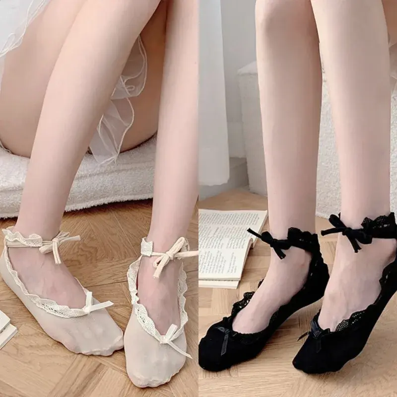 Dép lưới, phong cách Nhật Bản, dành cho nữ, với dây buộc ren và nơ, tất thuyền, thiết kế JK, gợi cảm và phong cách Lolita, thích hợp cho khiêu vũ Hiện Đại và Latin, bao gồm tất khiêu vũ