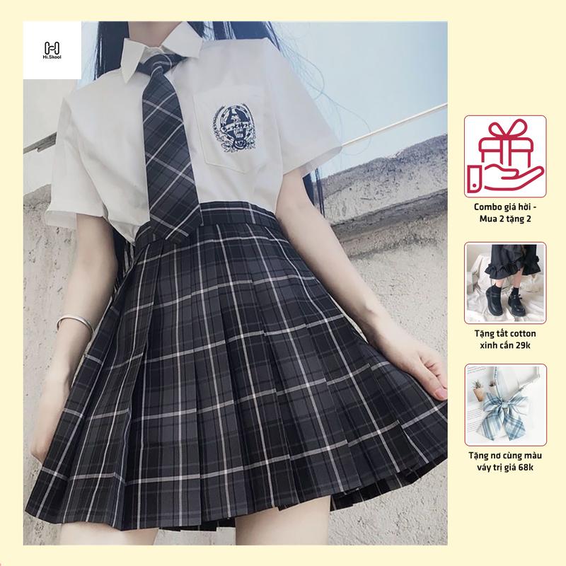 MUA 2 TẶNG 2 Set chân váy jk kẻ sọc xếp ly caro kèm áo sơ mi trắng ngắn tay basic học sinh đồng phục nữ sinh nhật bản