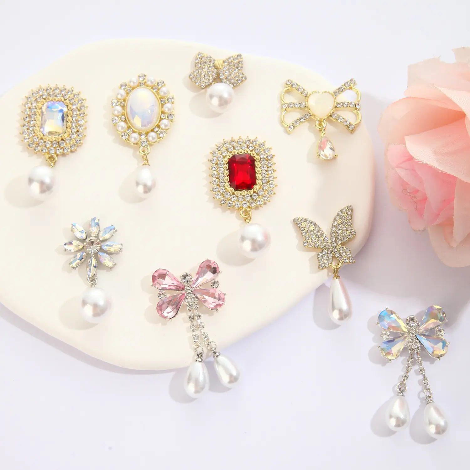 French Style Bow Butterfly Red Gem Dense Inlaid Zircon Imitation Pearl Elegant Pendant DIY Alloy Decoration Accessories