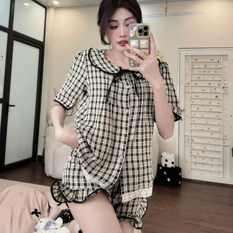 Bộ mặc nhà tiểu thư quần đùi áo cộc cổ sen kẻ caro Mẫu mới 2025 4