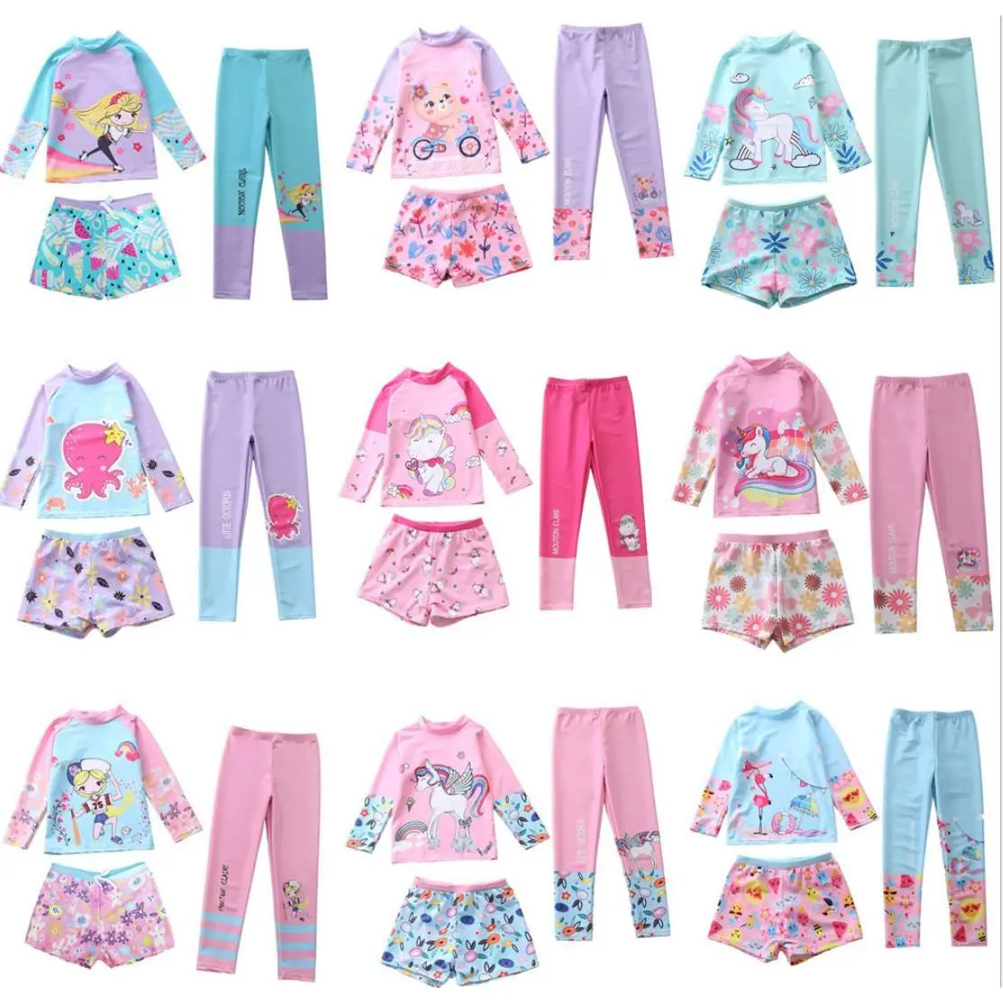 Bộ Đồ Bơi Bé Gái 3 Món Áo Dài Tay +Quần Dài + Quần Đùi  Hình Kỳ Lân Dễ Thương BB2401 Size 110-150, Dành Cho Bạn 14-35kg Kem